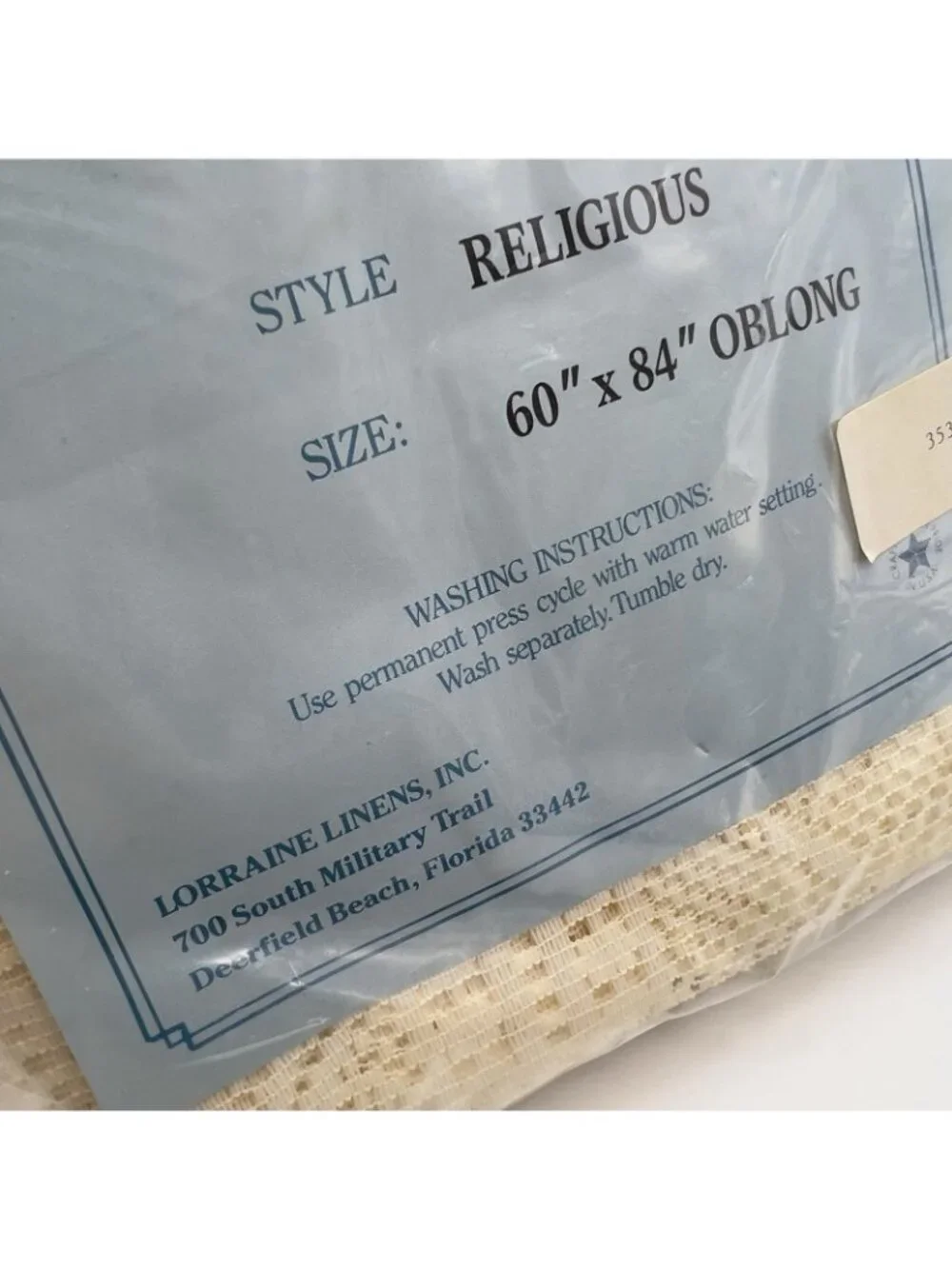 Religious Lace Tablecloth Ivory Oblong 60” X 84” Church Bible Cross Pray NWT VTG